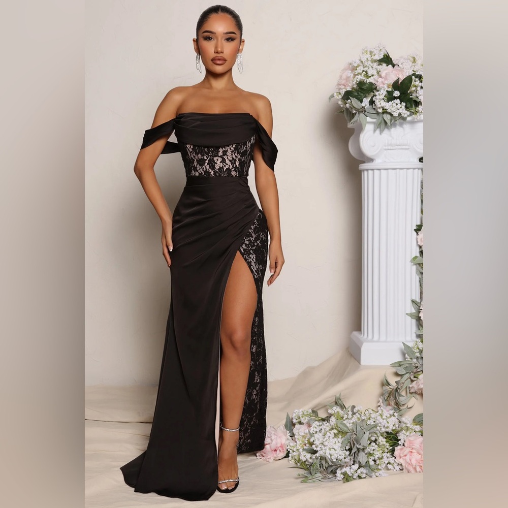 Fashion Nova Down the Aisle Satin Lace Maxi Dress